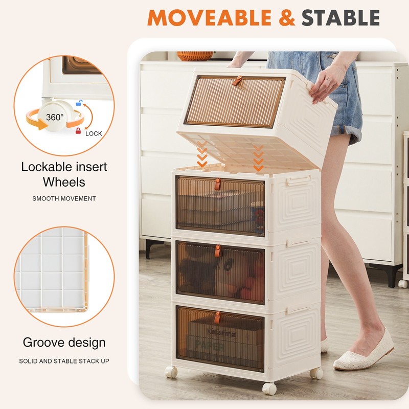 Stackable Plastic Storage Bins with Lid Foldable Magnetic Doors &Lockable Wheels gallery