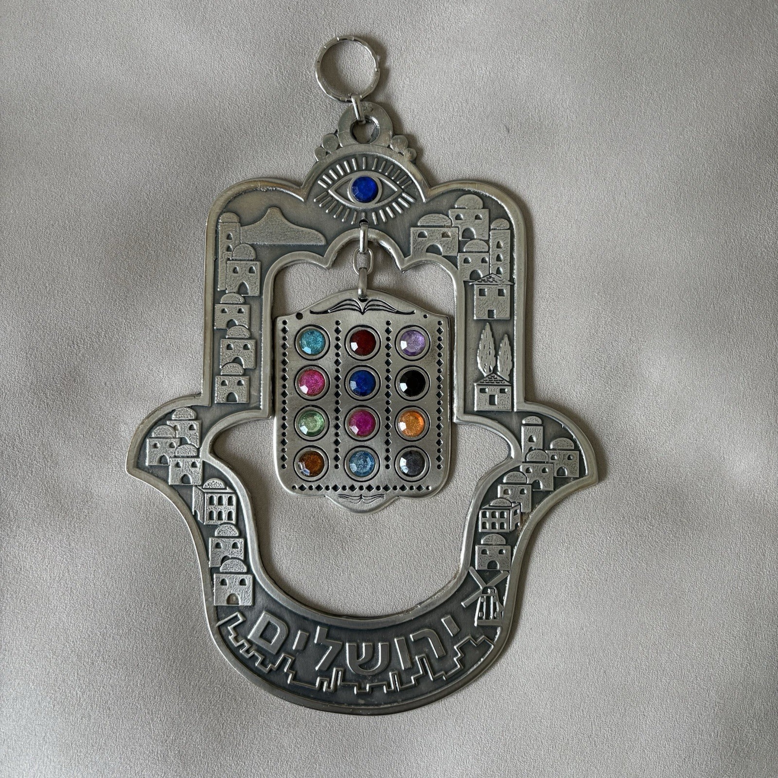 Pewter Hamsa Israeli Made Plaque w/ Gemstones Good Luck Blessing Wall Decor gallery