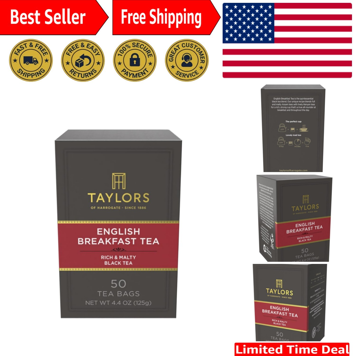 Caffeinated English Breakfast Tea - 50 Allergen-Free Pillow Bags for Any Time gallery