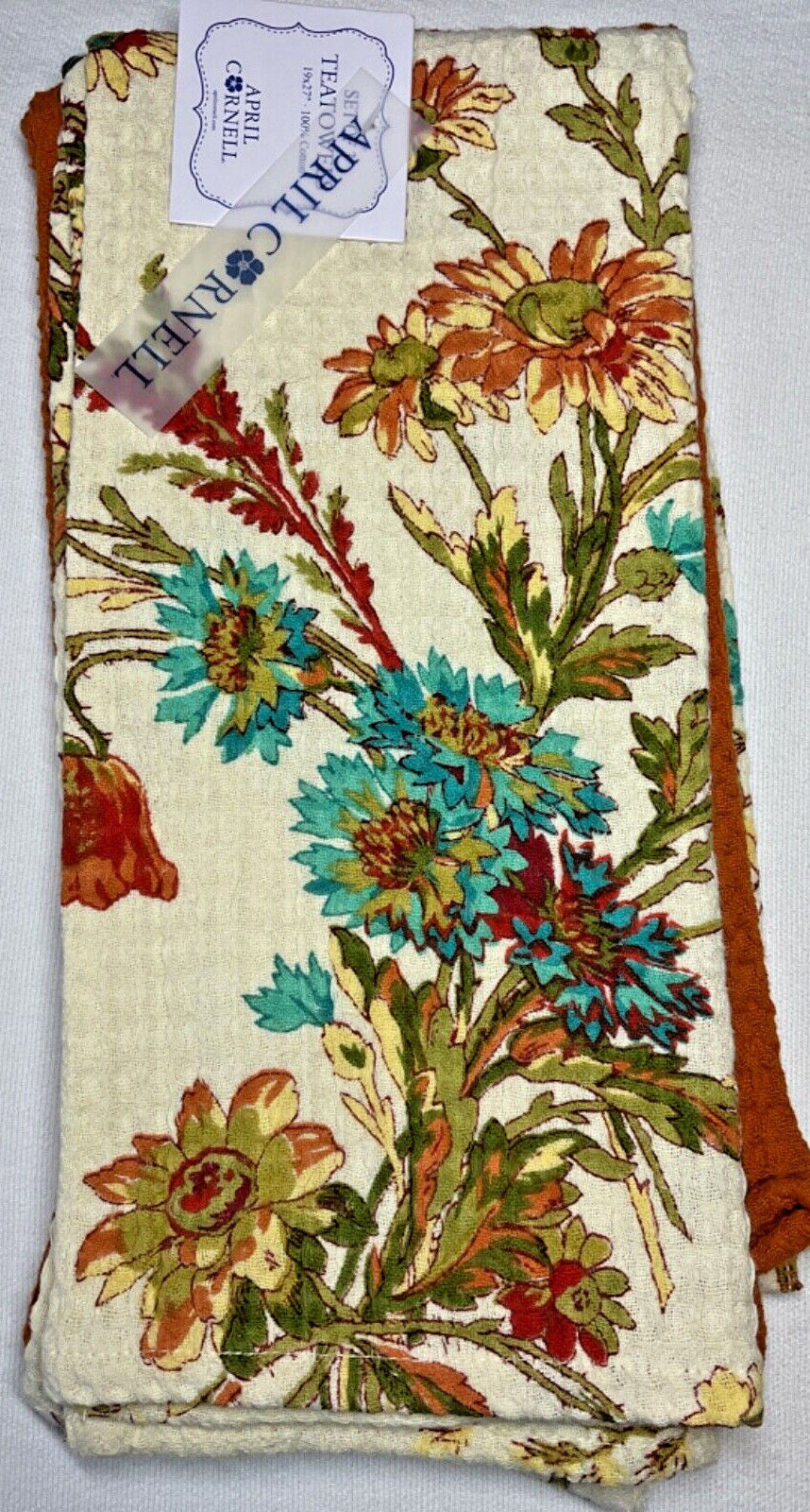 April Cornell Kitchen Tea Towels (3) CREAM TURQUOISE RUST FLORAL 100% COTTON NWT gallery