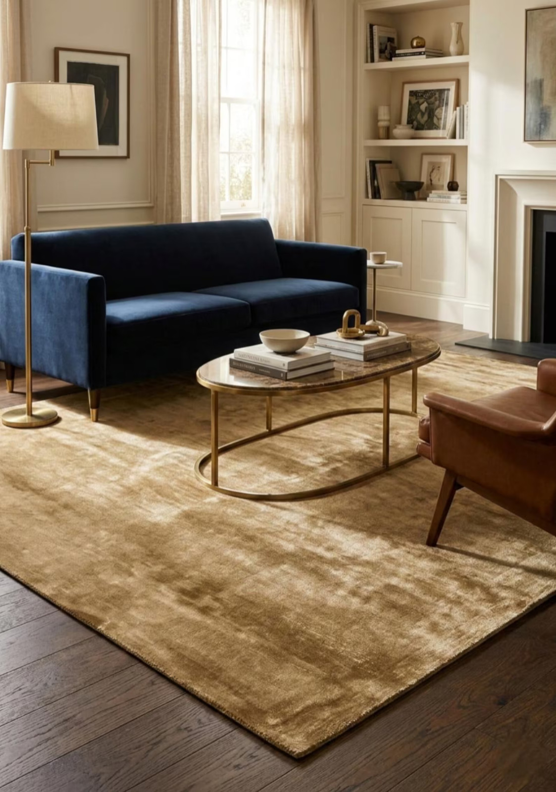 Gold Viscose Silk Rug, Solid Beige Area Rug, Handmade Soft Living Room Carpet, gallery