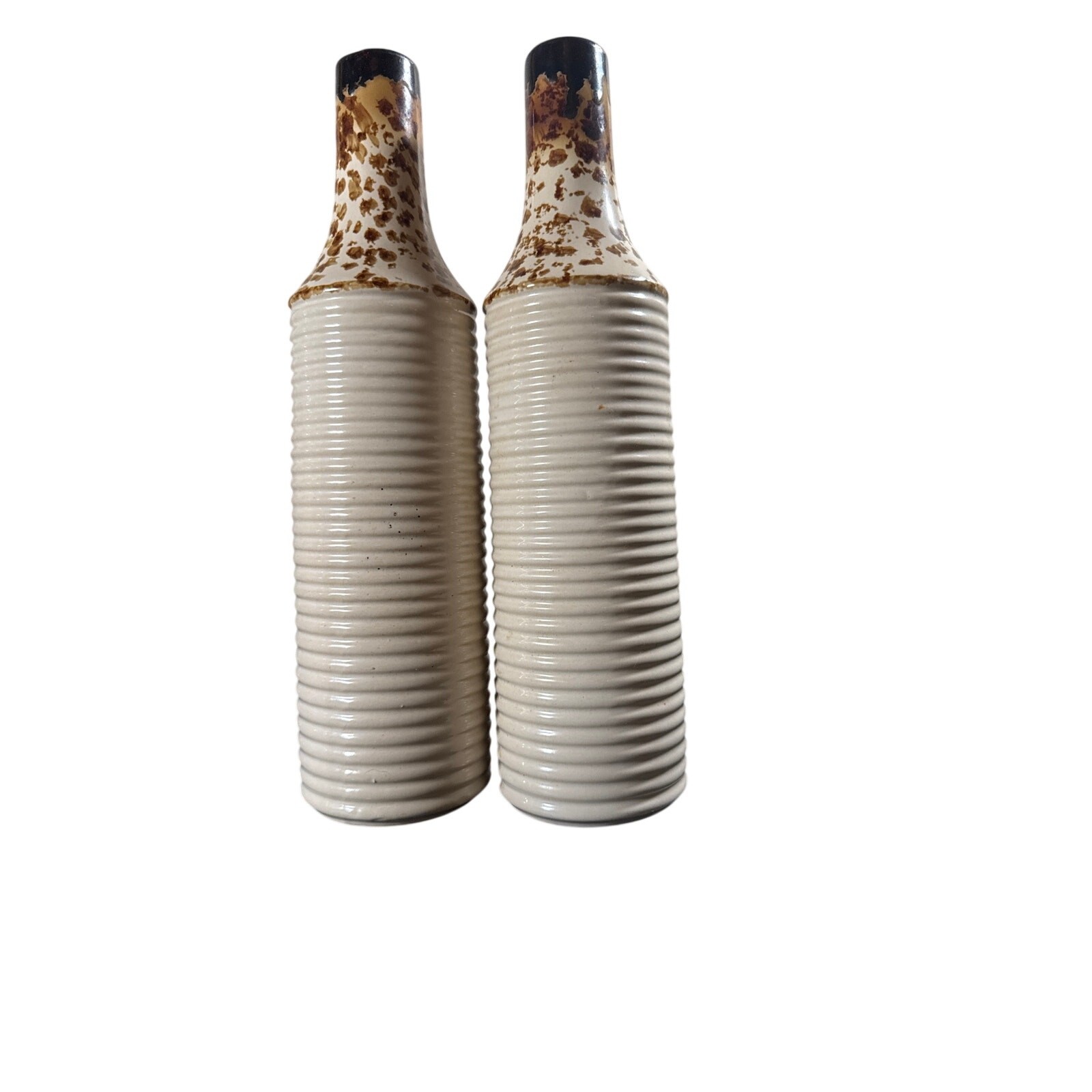 DG Brand Rustic White & Tan Ribbed Ceramic Bottle Vases - Set of 2 gallery