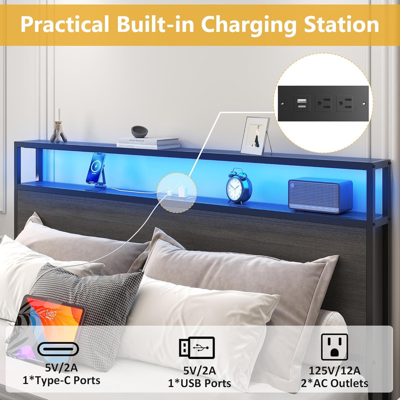 Rustic Grey Queen Bed Frame with Storage Headboard & Charging Station gallery