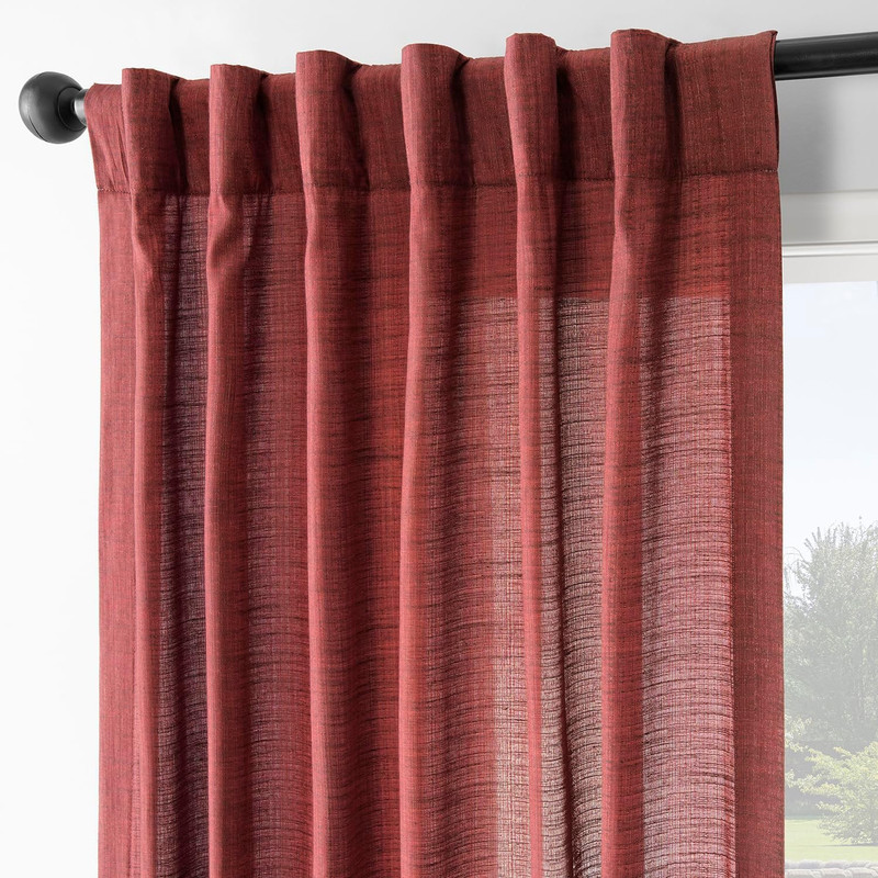 Rustic Red Linen Weave Light Filtering Curtains 96" Long - 2 Panels gallery
