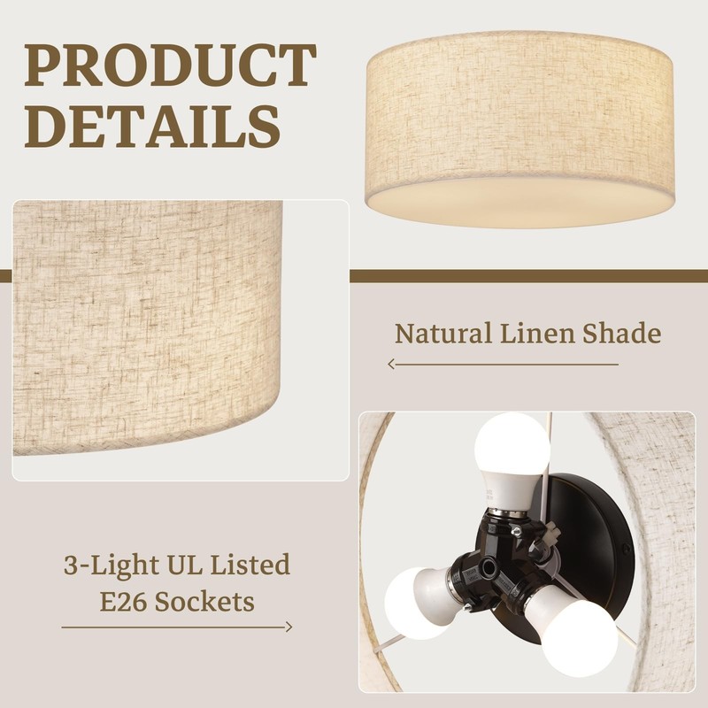 13Inch Semi Flush Mount Ceiling Light Fixture,3-Light Ceiling Mount Drum Light F gallery