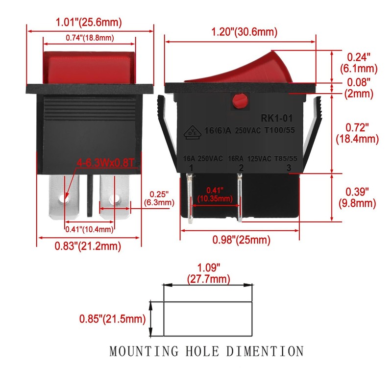 Rocker Switch ON-Off DPST 4 Terminals Red Light 16A 250VAC with Waterproof Cover gallery
