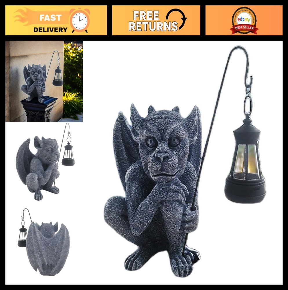 "Funny Gothic Gargoyle Statue with Light - 8.26" Winged Garden Decor for Yard &