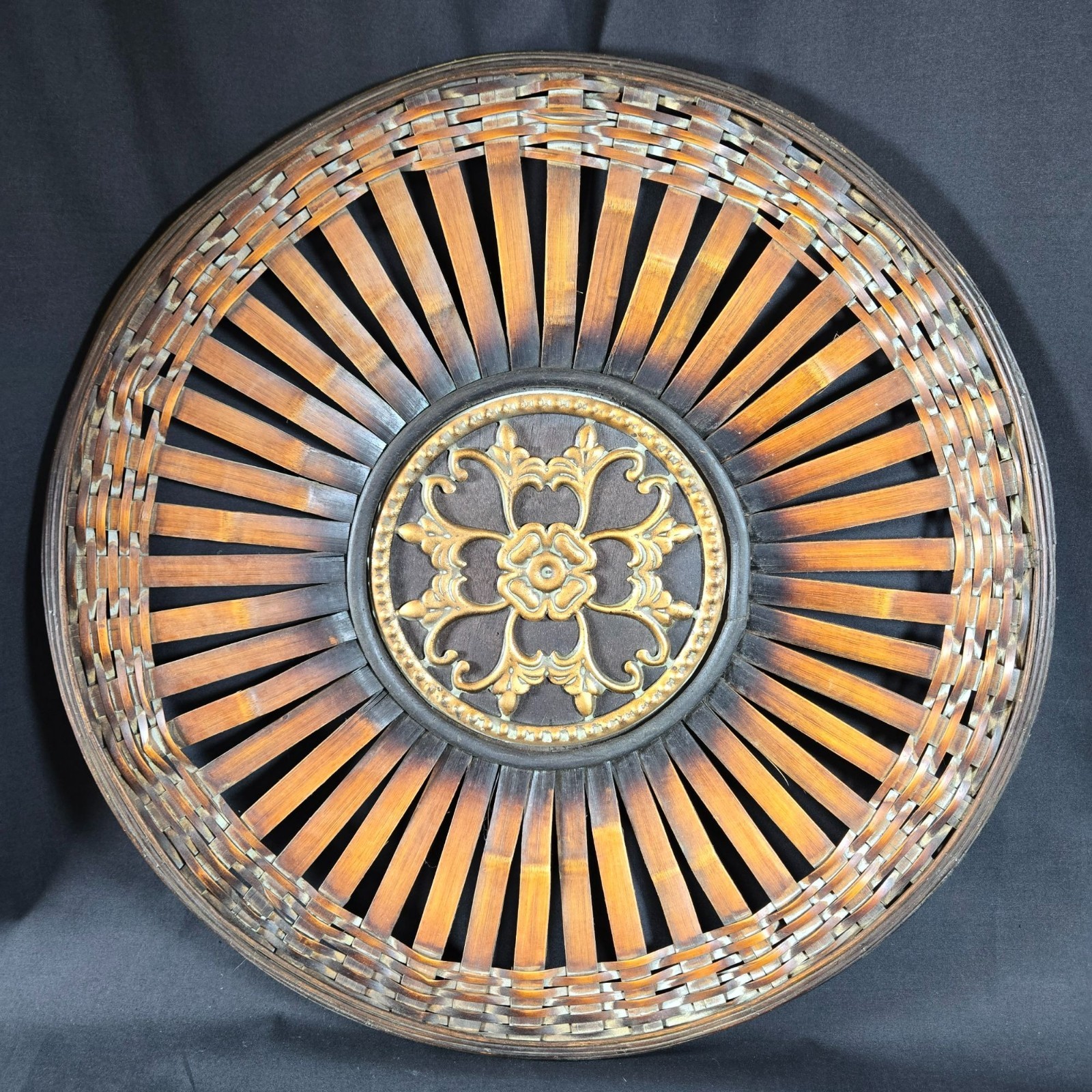 Large 18" Woven Decorative Wall Wicker Basket Ornate Gold Accents Rustic Boho gallery