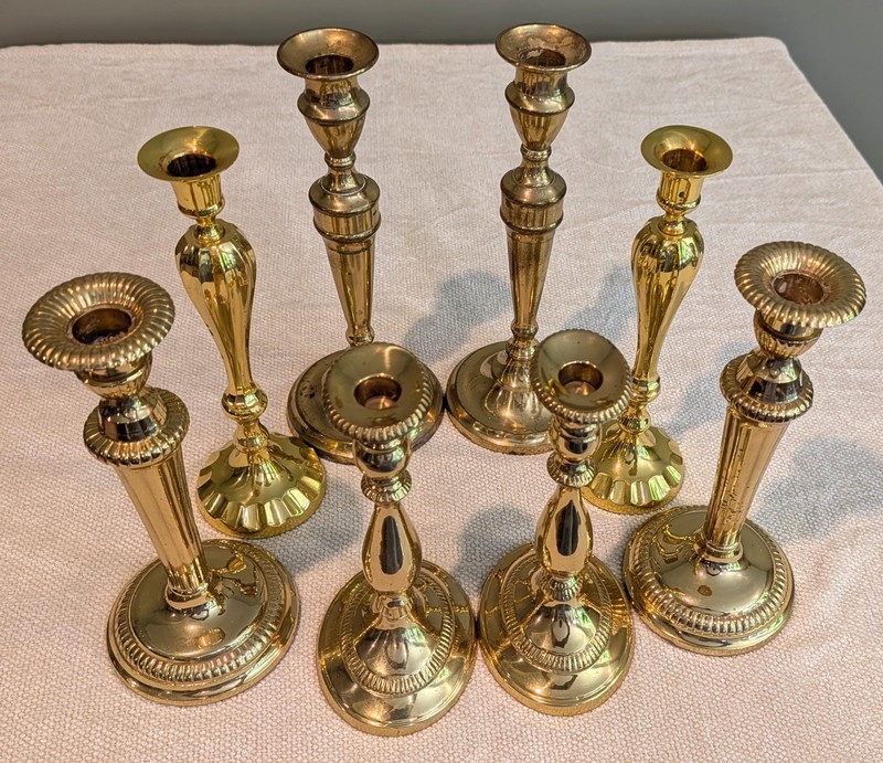 8 Vintage-Shiny Solid Brass Candleholders - 9 to 11.5 Inches Tall gallery