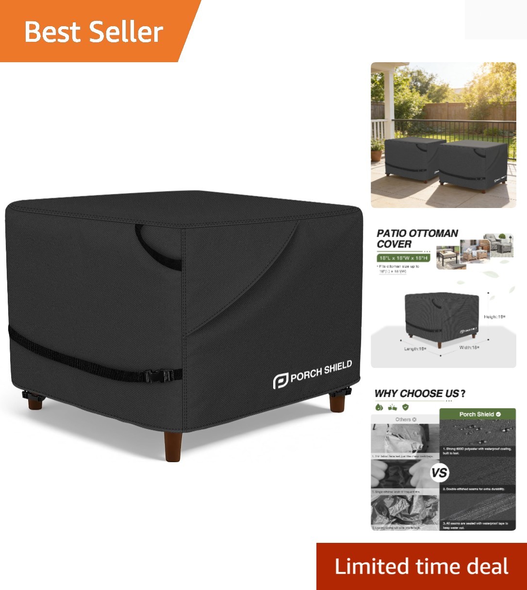 Patio Ottoman Cover - Waterproof Outdoor Square Side Table Covers – 18L x 18W... gallery