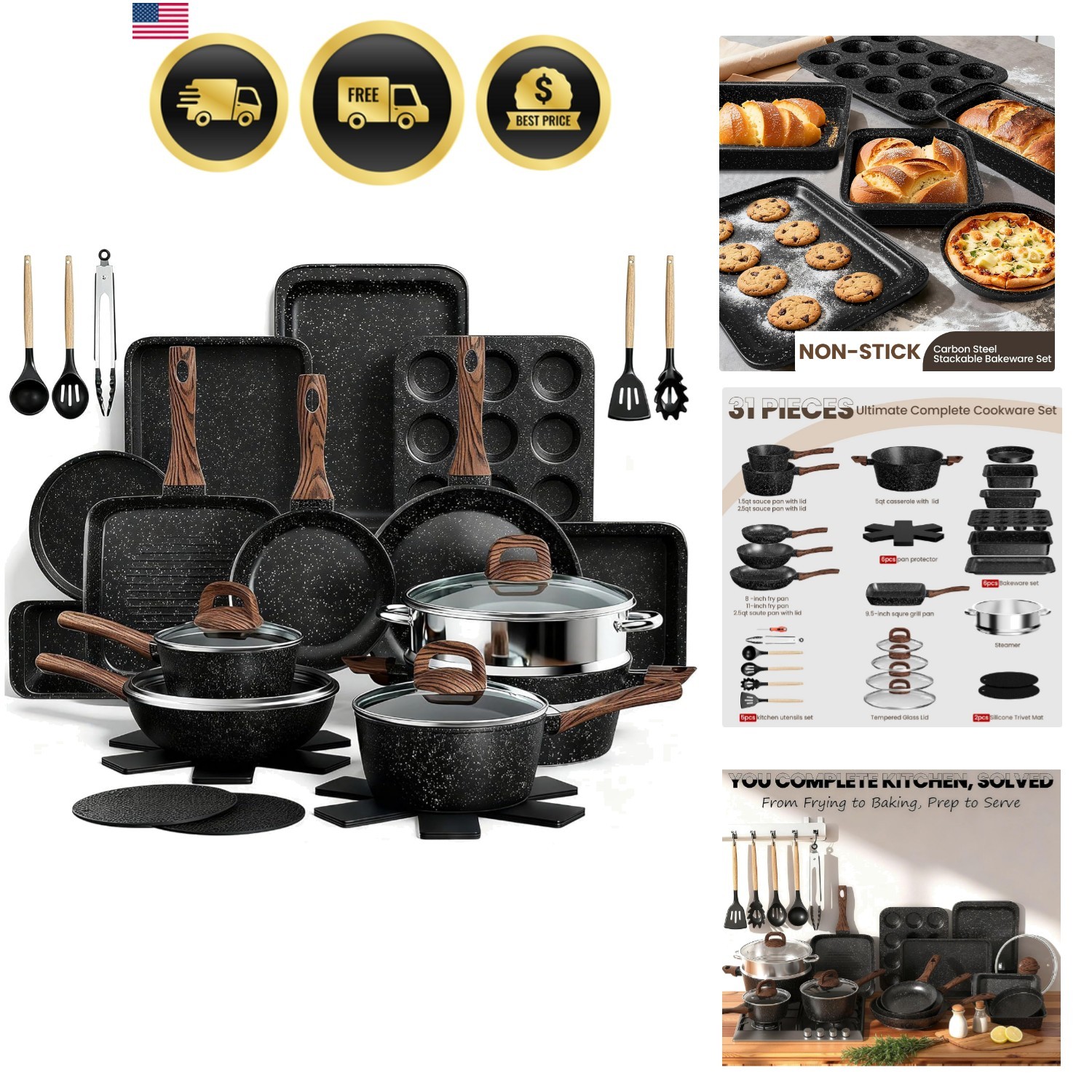 Non Stick Pots and Pans Set Kitchen Cookware Bakeware Induction 31 Pcs gallery