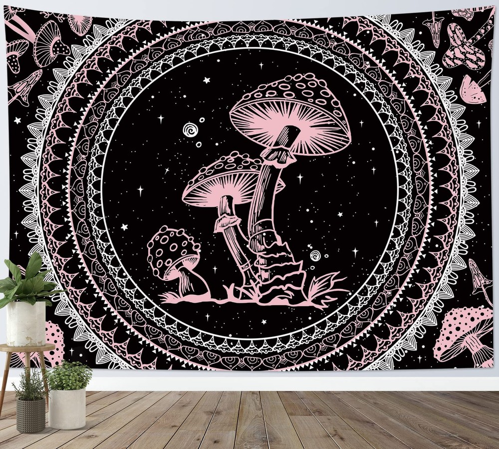 Boho Pink Mushroom Tapestry Boho Mandala Pattern with Mushroom Wall Tapestry ...