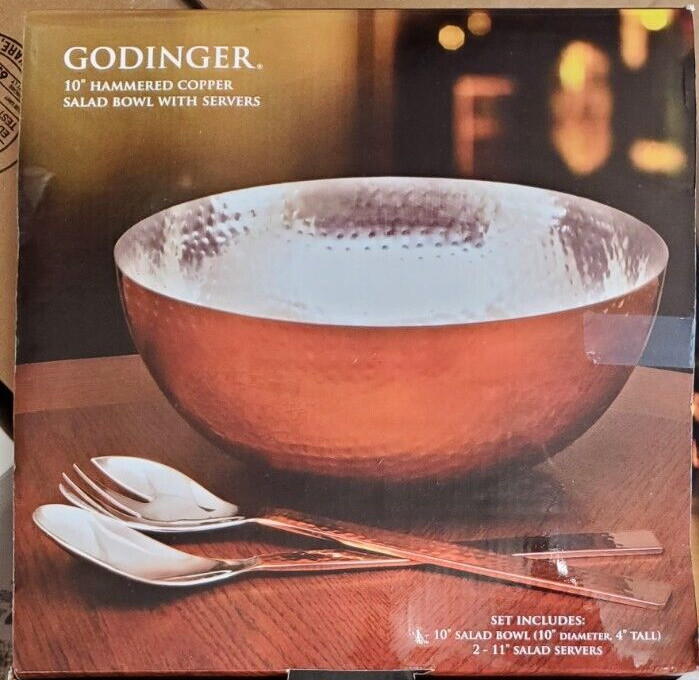 Godinger Hammered Copper/Stainless Steel 10" Salad Set With Servers C3