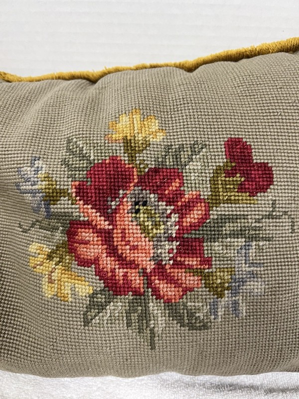 Vintage Handmade Needlepoint Roses Floral Throw Pillow Fringe Edge gallery