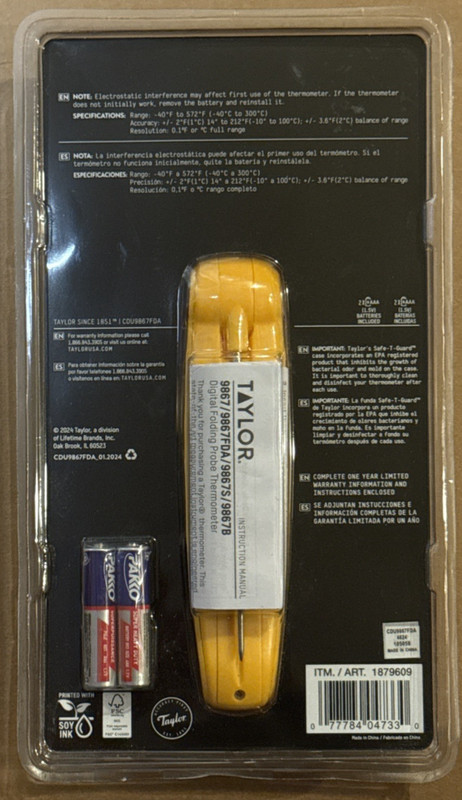 TAYLOR 9867FDA Folding Probe Thermometer, 10", Yellow, Antimicrobial Casing gallery