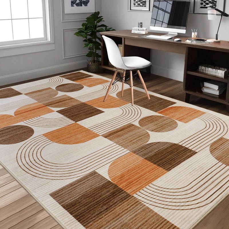 Large Machine Washable 5x7 Area Rug, Soft Modern Geometric Abstract Orange Ru... gallery