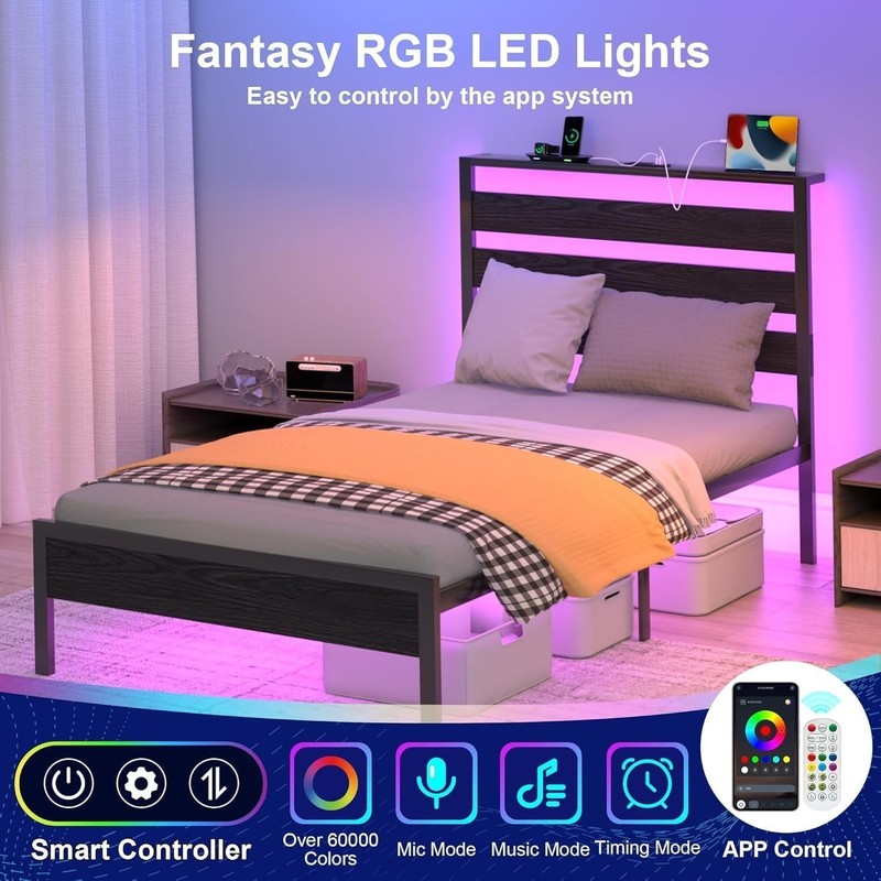 Bed Frame with Headboard, Platform Bed with LED & Charging Station, Heavy Duty gallery
