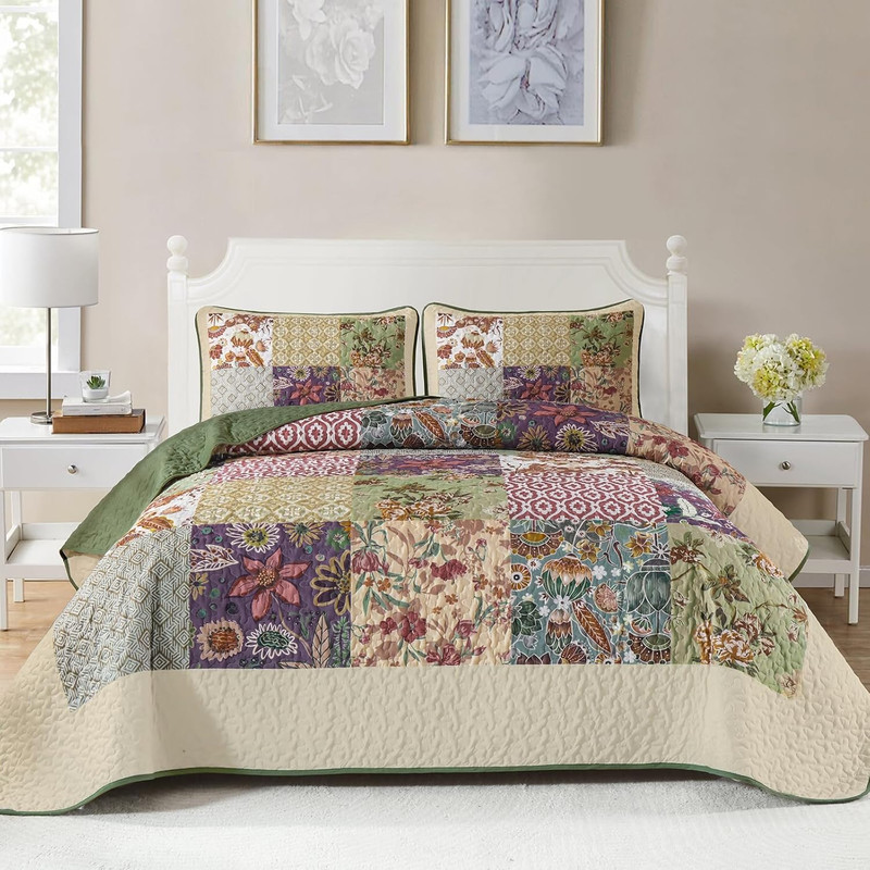 Patchwork Quilt Set King Size, Bohemian Floral Bedspread Green & Beige Coverlet gallery