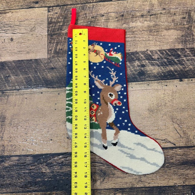 Handmade Needlepoint Wool Christmas Stocking Rudolph Santa Sleigh Winter Holiday gallery