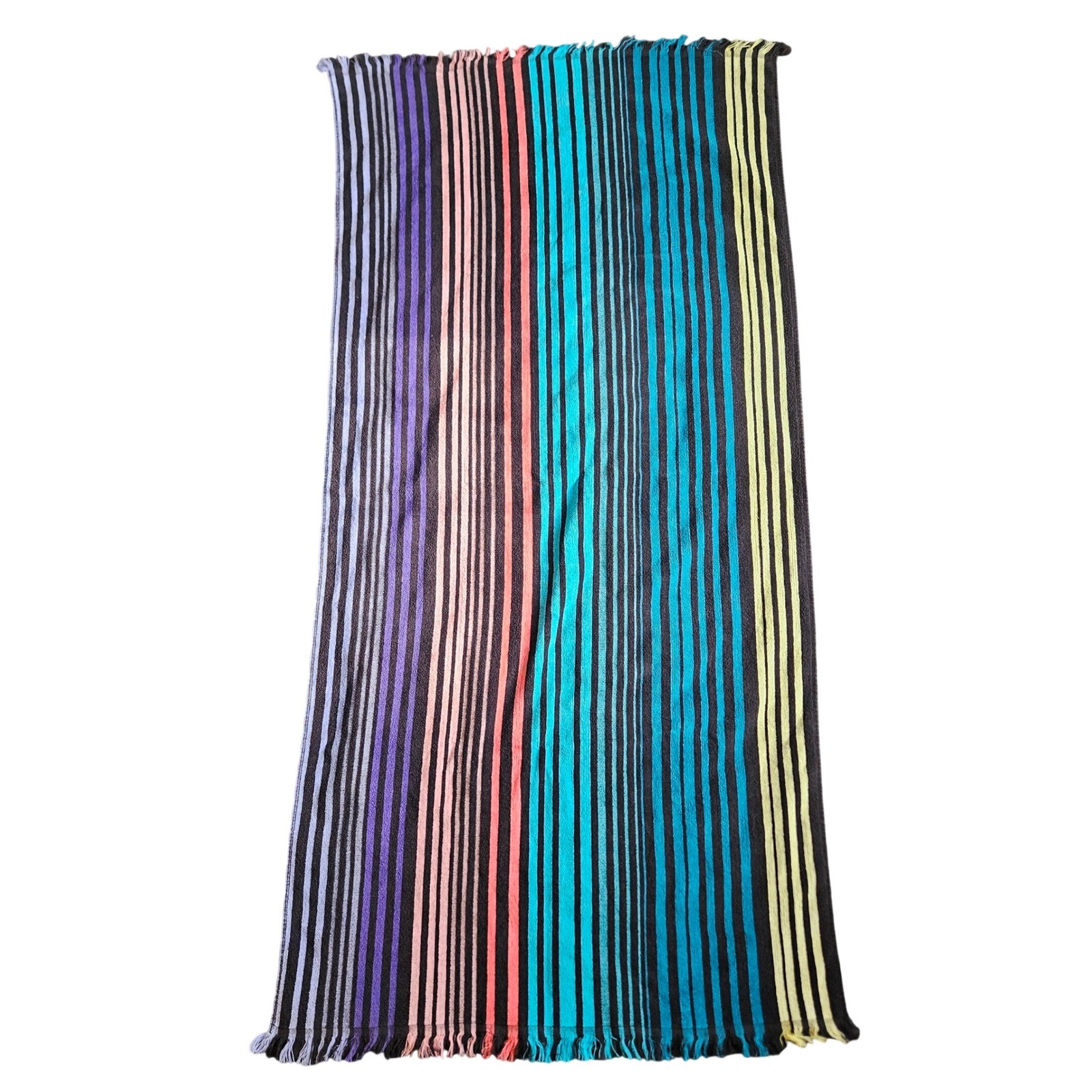 Benetton Vtg MultiColor Striped Cotton Beach Pool Towel Fringed Retro 62x30 gallery