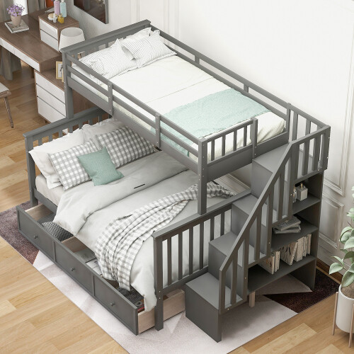 Twin Over Full Bunk Beds with Storage Drawers & Stairs Wood Platform Bed Frames gallery