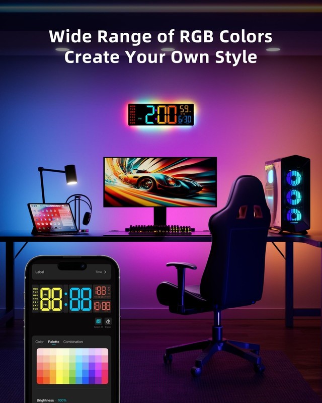Large RGBIC Smart Digital Wall Clock, App Control, LED Display, Music Sync, DIY gallery