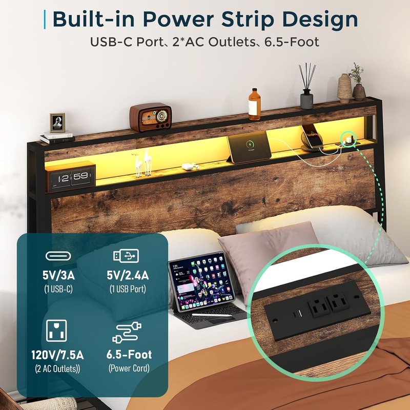 Full Queen Bed Frame with 4 Storage Drawers and Charging Station ＆ LED Lights gallery