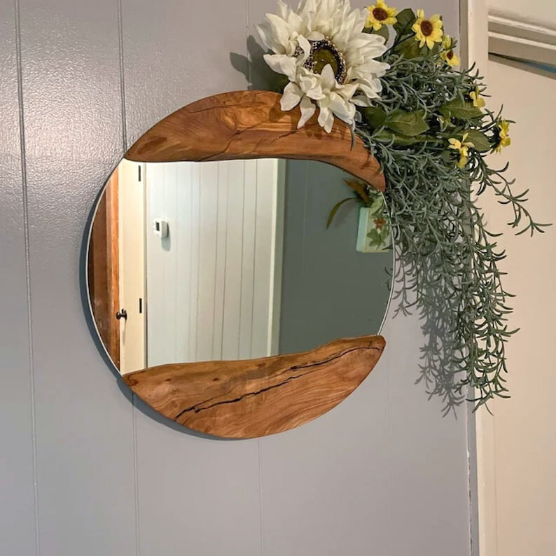 Made to Order, Olive Designer Round Shaped Live Edge Wood Wall Mirror, Frame gallery
