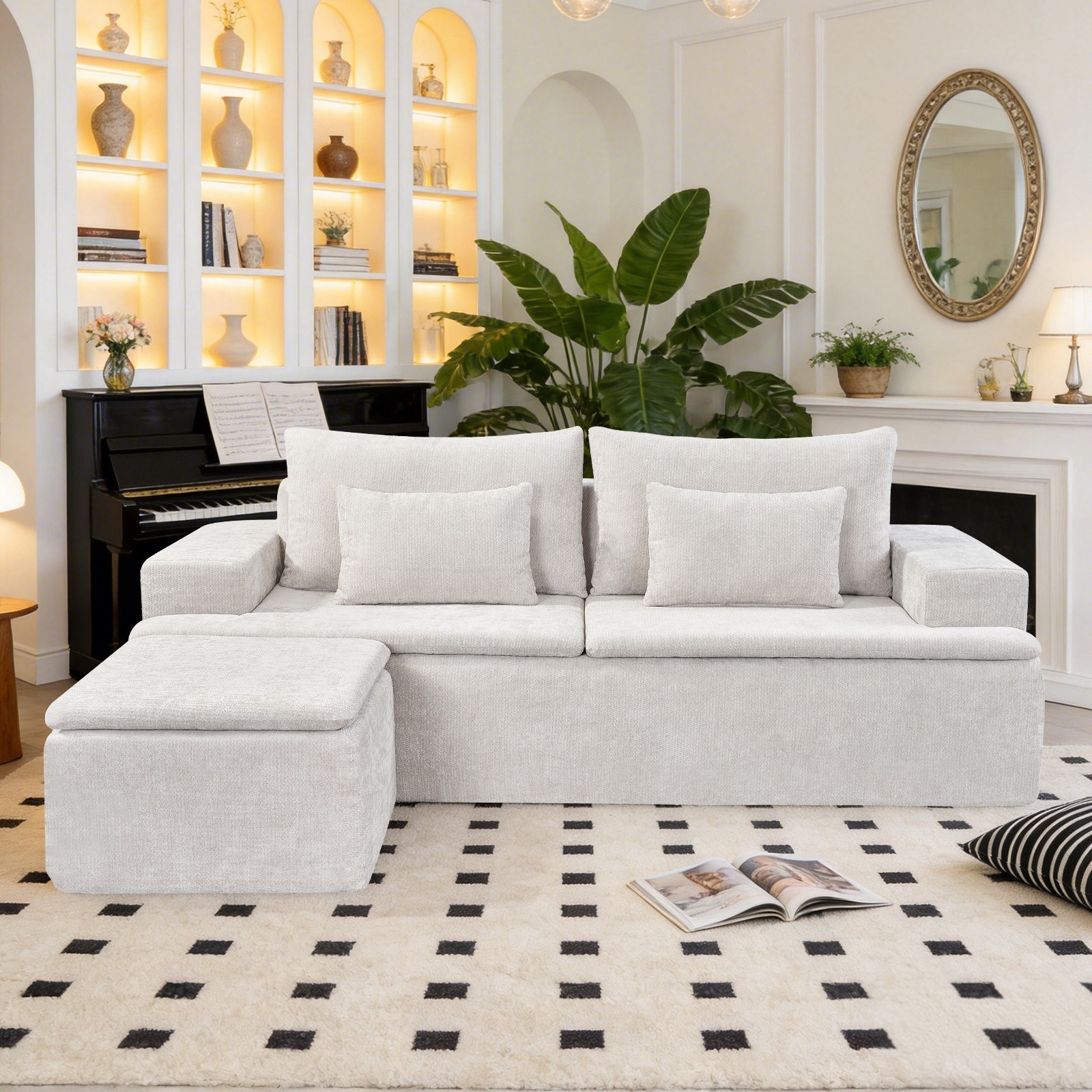 L-Shaped Boneless Couch,Corduroy Modular Sectional Sofa with Movable Ottoman gallery