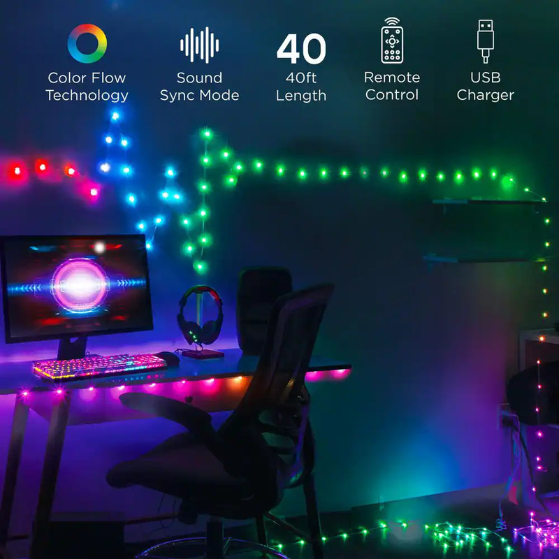 40 Ft. USB Powered Sound Reactive RGBIC Dot Lights with 28Key Remote Control gallery