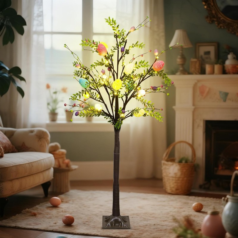 4FT Lighted Easter Tree with Timer, Pre-Lit Artificial Egg Trees with Co gallery