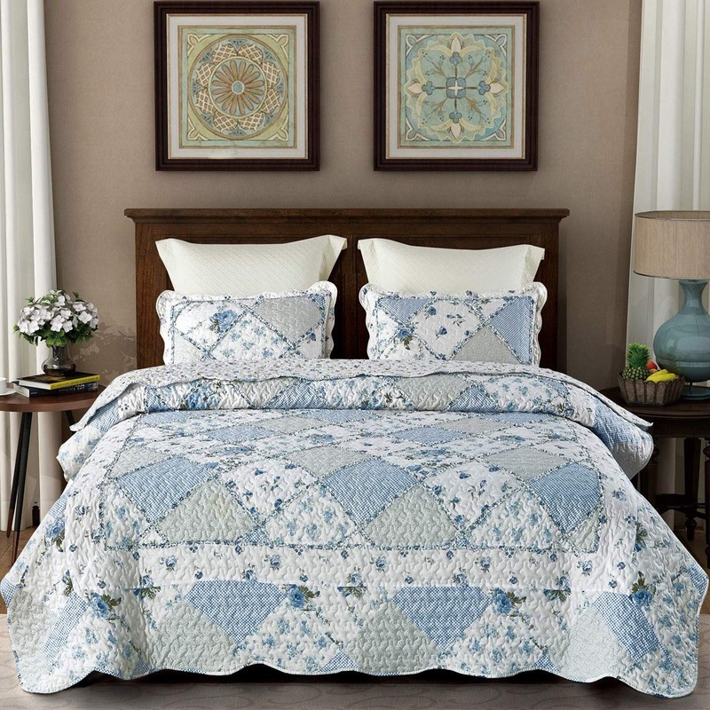 Blue Floral Patchwork Quilt Set, Full Queen Size, 3 Piece Bedding Set with 2 ... gallery
