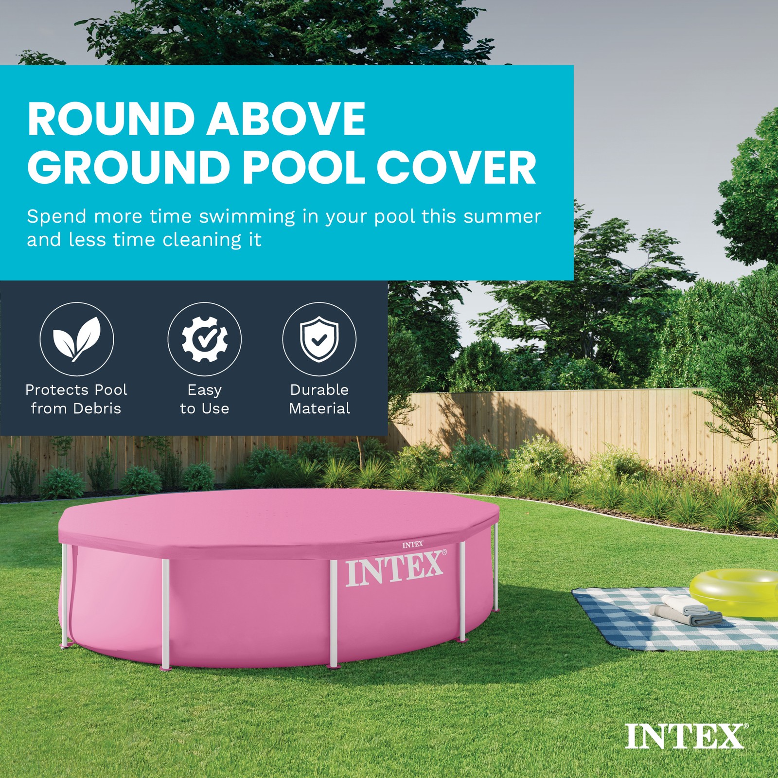 INTEX 10 Foot Round Metal Frame Outdoor Backyard Swimming Pool Cover, Pink gallery