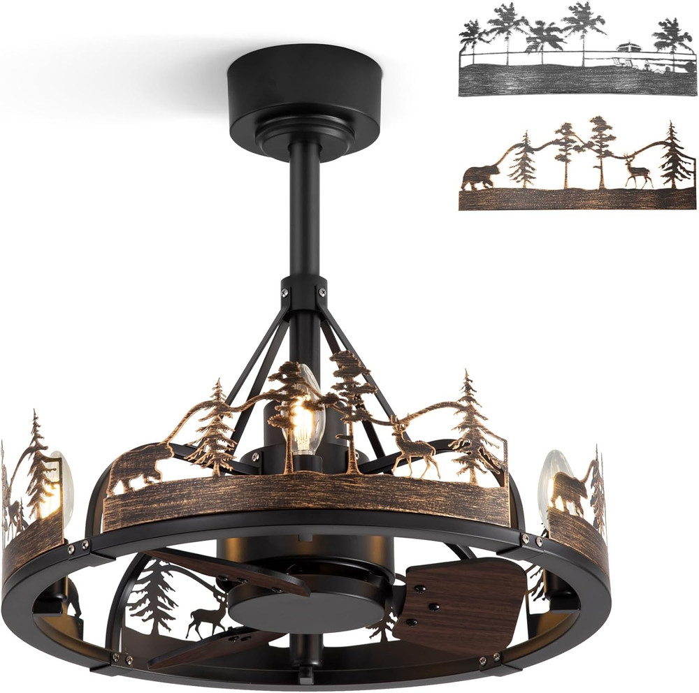 Rustic 20" Ceiling Fan with Light & Remote, Bear & Deer Design for Home