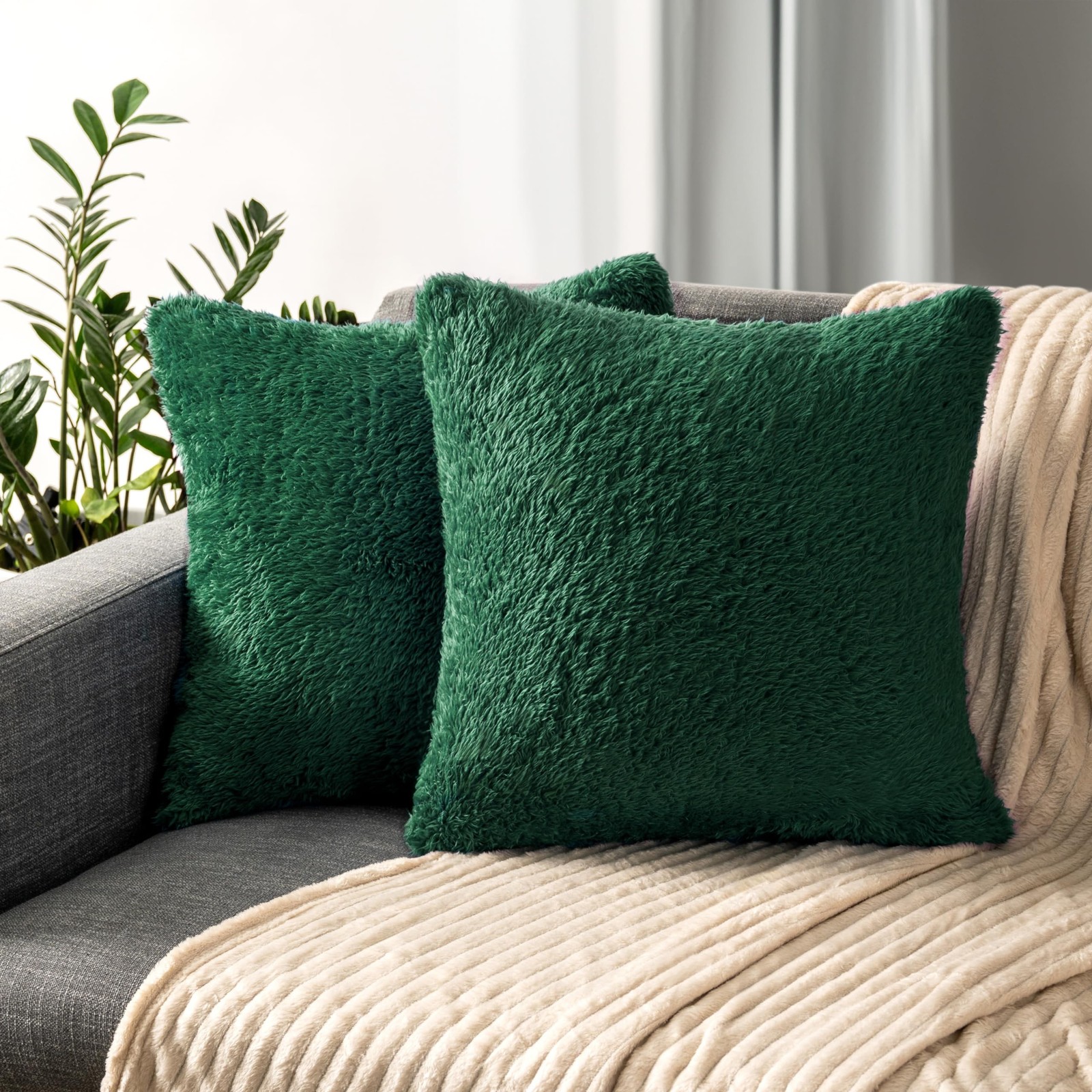 PAVILIA Fluffy Emerald Green Throw Pillow Covers, Decorative Accent Pillow Ca... gallery