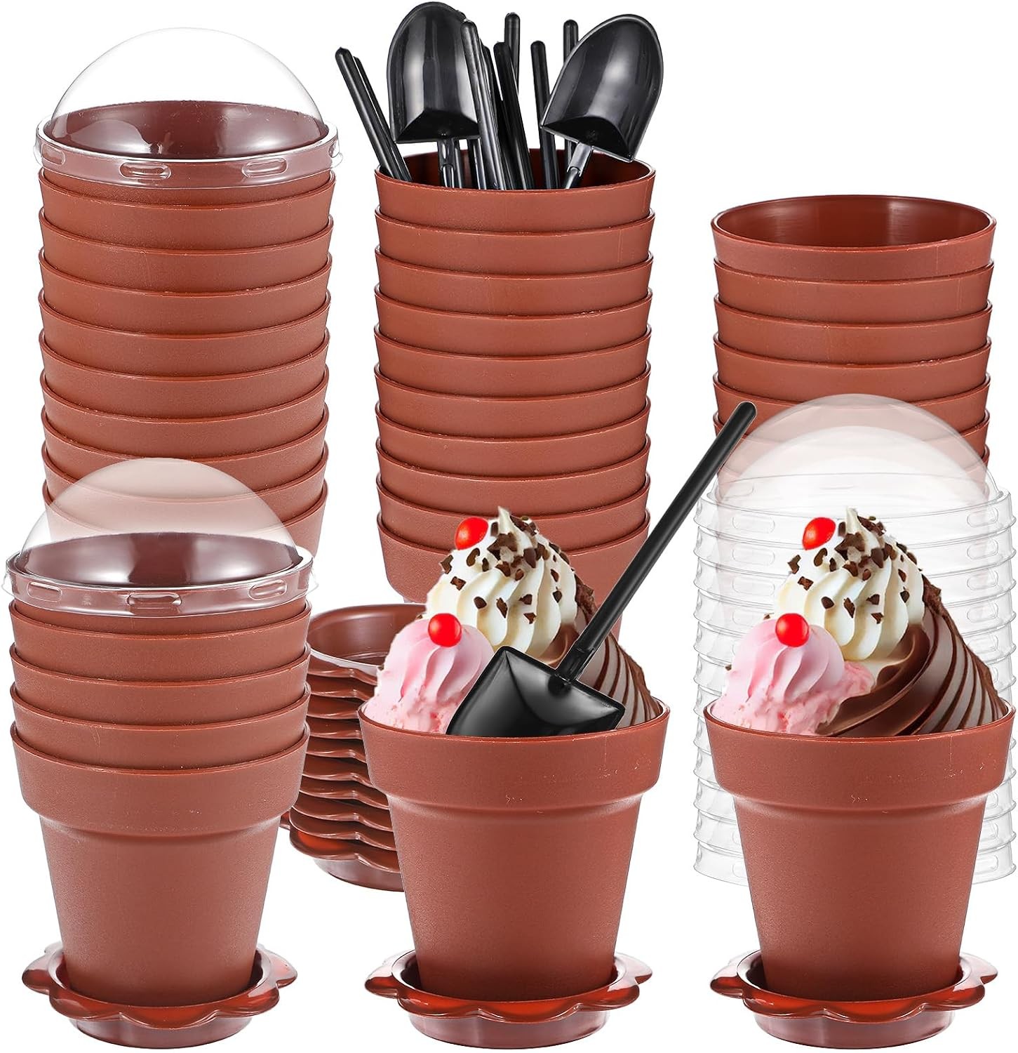 50 Pack Flowerpot Dessert Cup Plastic Cake Cups W/ Lid Shovel Spoon Bottom Tray gallery