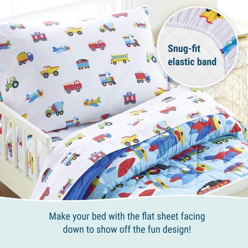 100% Cotton Toddler Sheet Set – Soft & Cozy Bed Sheets - Trains Planes and Tr... gallery