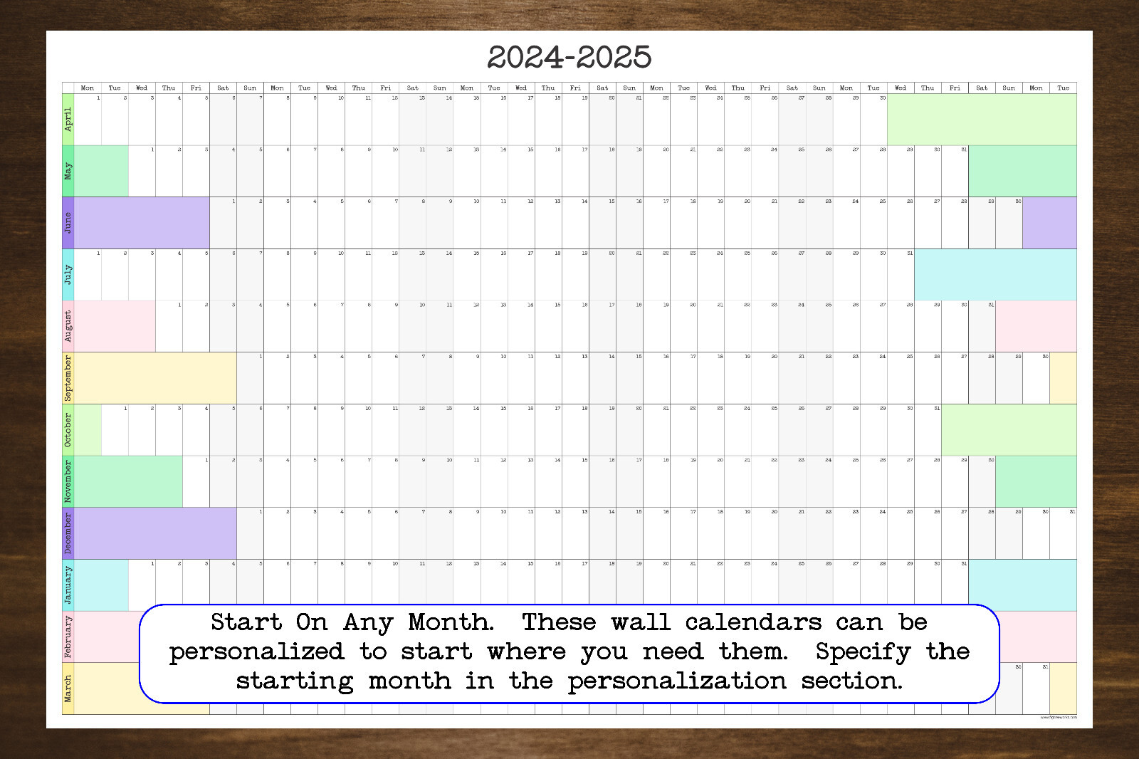 Large Wall Calendar Start On Any Month, 36" x 24" or 24" x 16" gallery