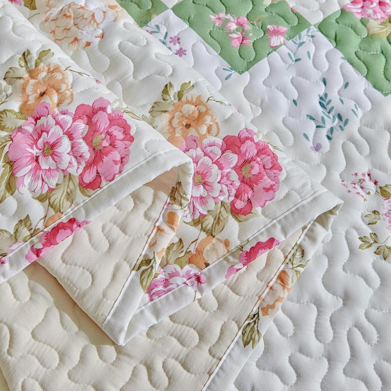 Patchwork Quilt Set Queen Size,3 Pieces Pink Cream Green Floral Plaid Reversi... gallery