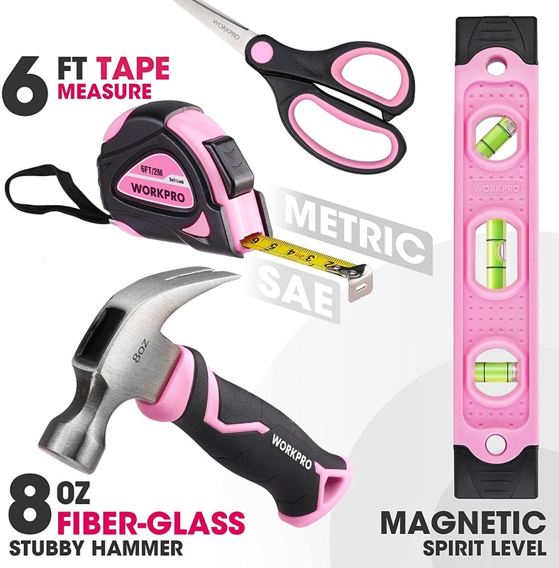 WORKPRO Pink/Blue Beginner Tool Set 12" Steel Tool Box 10PC Starter Tool Box Set gallery