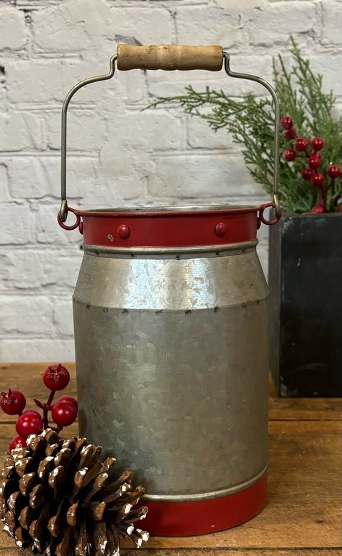New Rustic Farmhouse Primitive GALVANIZED AGED RED MILK CAN Pitcher Vase gallery