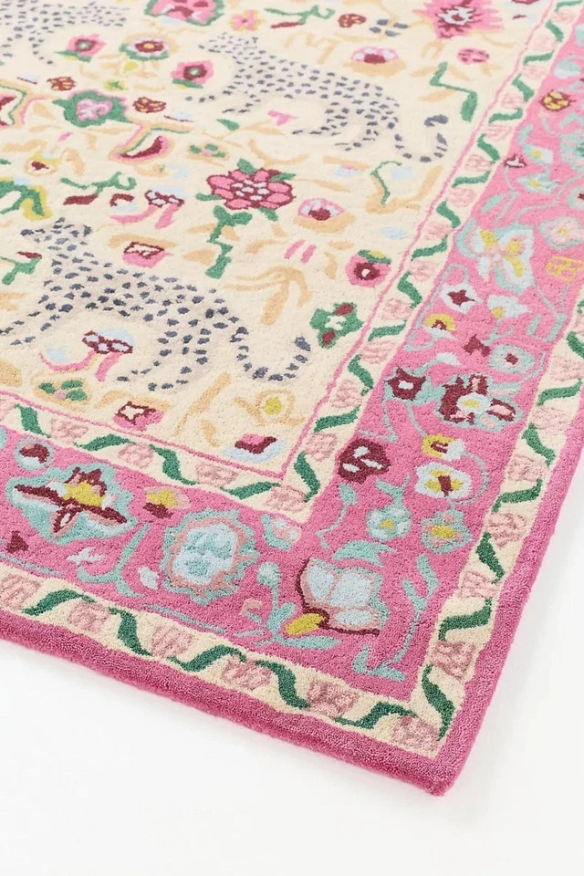 Hand-Tufted Pink Leopard Floral Wool Area Rug Boho Handmade Carpet gallery