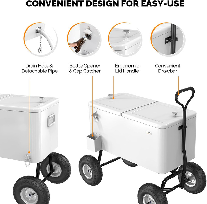 VINGLI 80 Quart Wagon Rolling Cooler Ice Chest, W/Long Handle and 10" Wheels, Po gallery