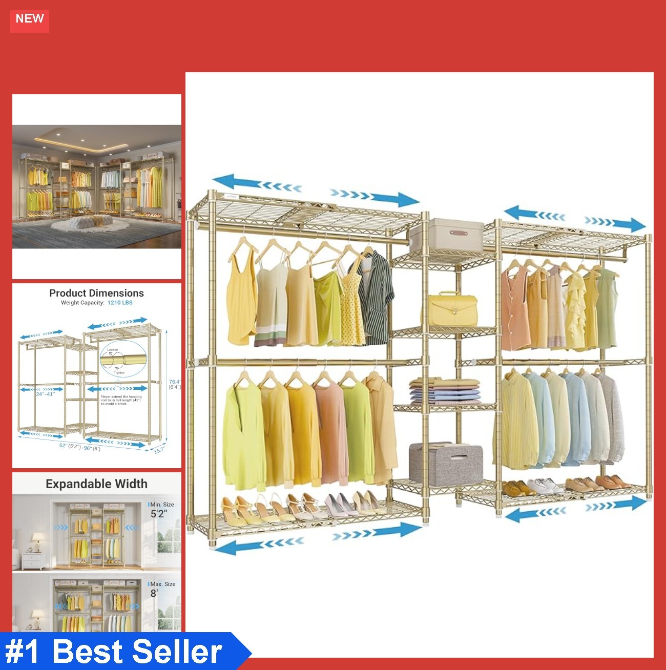 Expandable Clothes Rack Adjustable from 62 to 96 Inches 4 Shelves Storage gallery