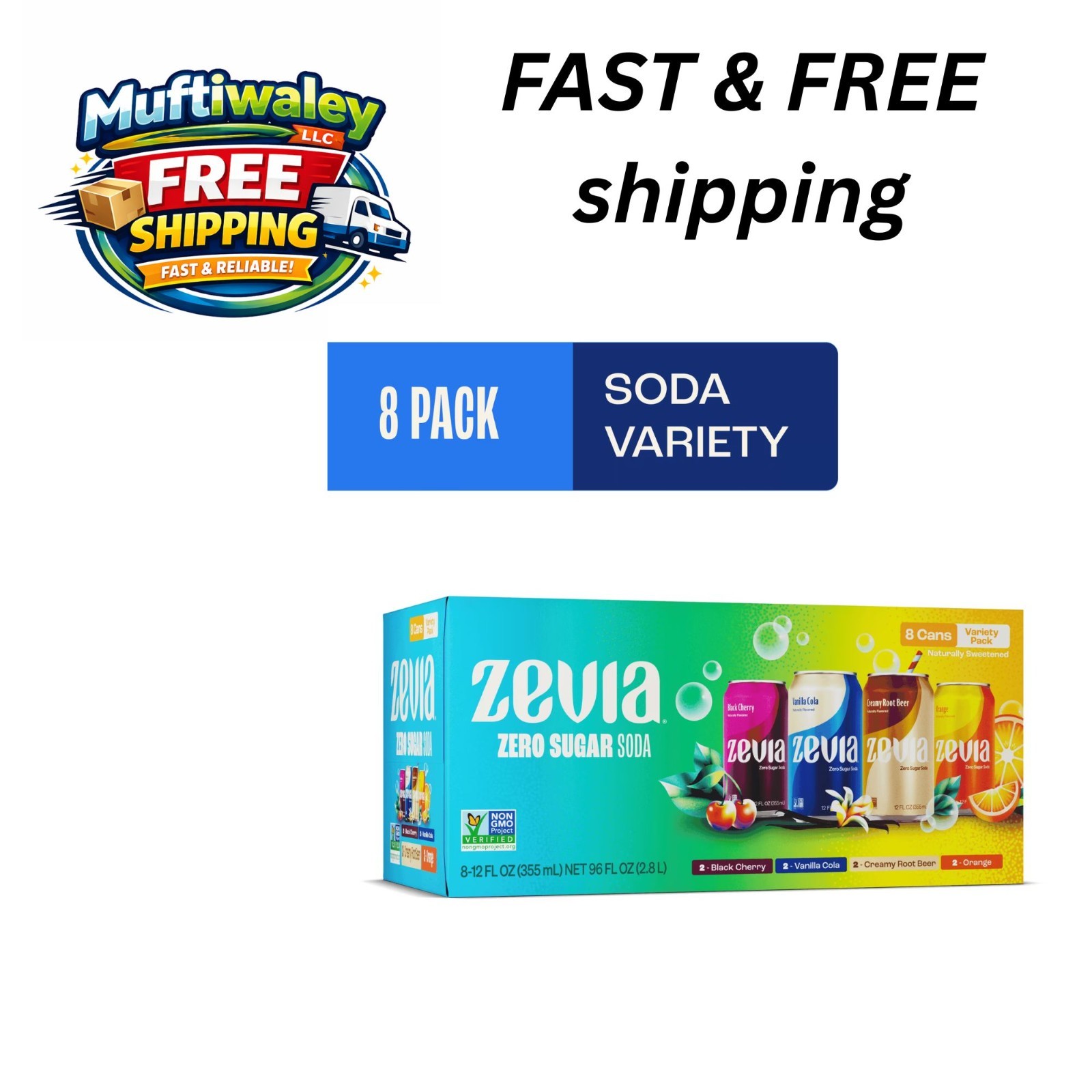 Zevia Zero Sugar Variety Soda, 0 Calories, 12 fl oz Cans (8-Pack) gallery