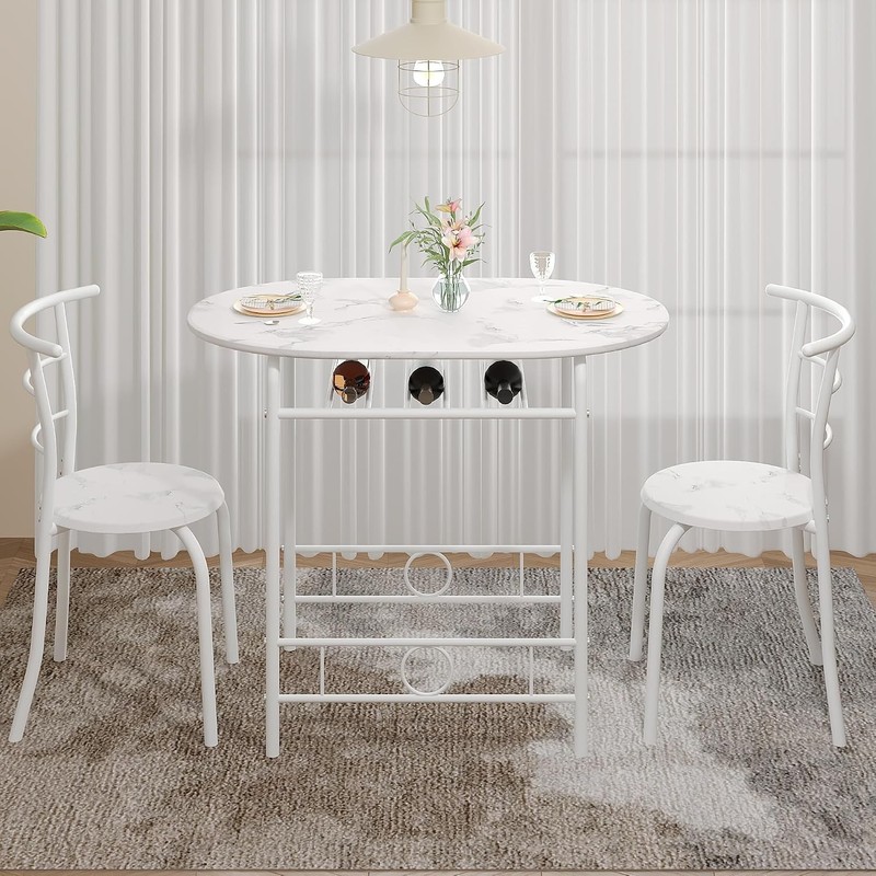 3-Piece Dining Table Set Kitchen Breakfast Nook Faux Marbled Oval Tabletop gallery