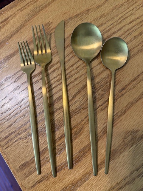 Gold Flatware 34 Piece 5 Complete Place Settings Stainless Steel Long Trim Style gallery