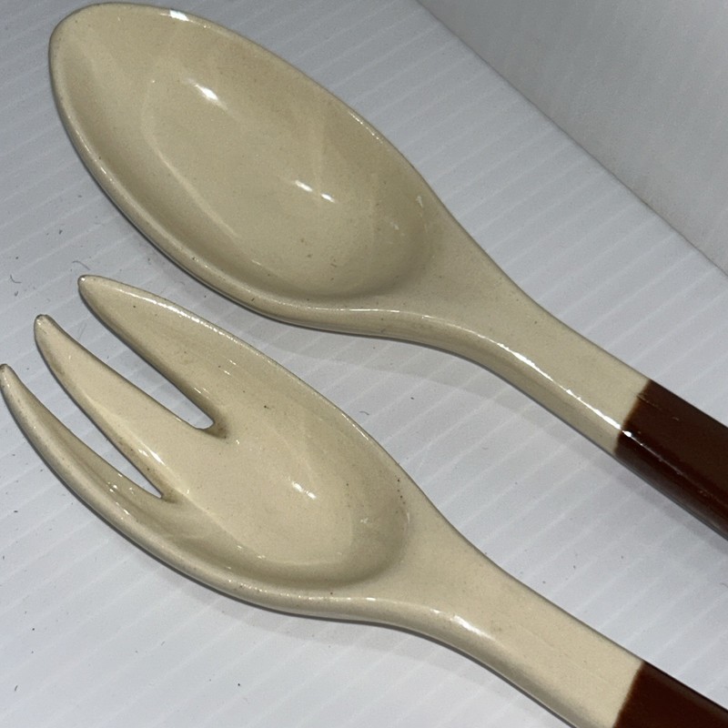 Russel Wright Fork and Spoon Salad Set Woodfield Brown Handle gallery