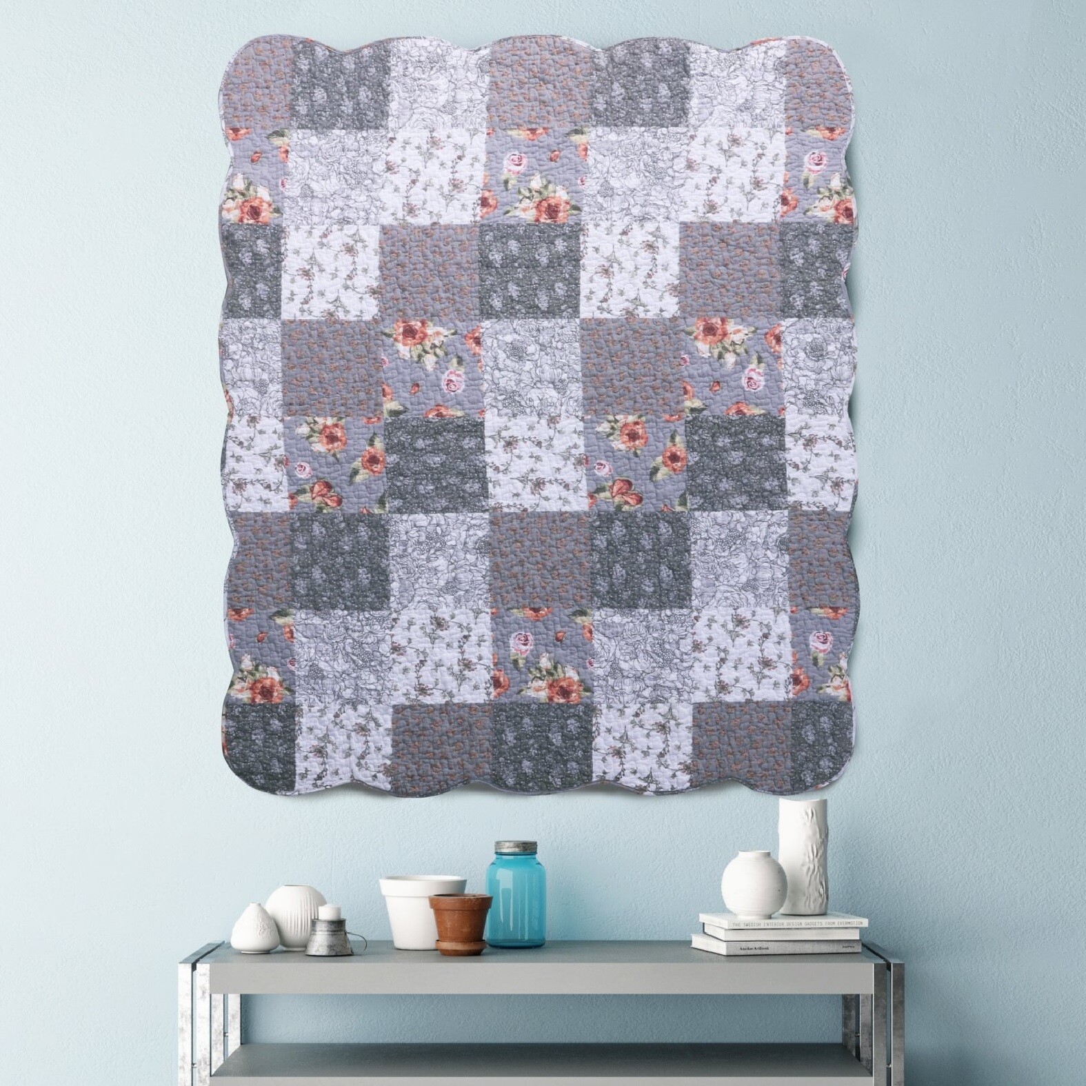 Throw Blanket Floral Patchwork Decorative Gray White Quilted Couch Chair Cover gallery