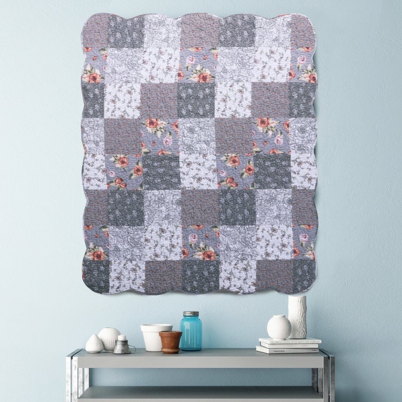 Throw Blanket Floral Patchwork Decorative Gray White Quilted Couch Chair Cover gallery